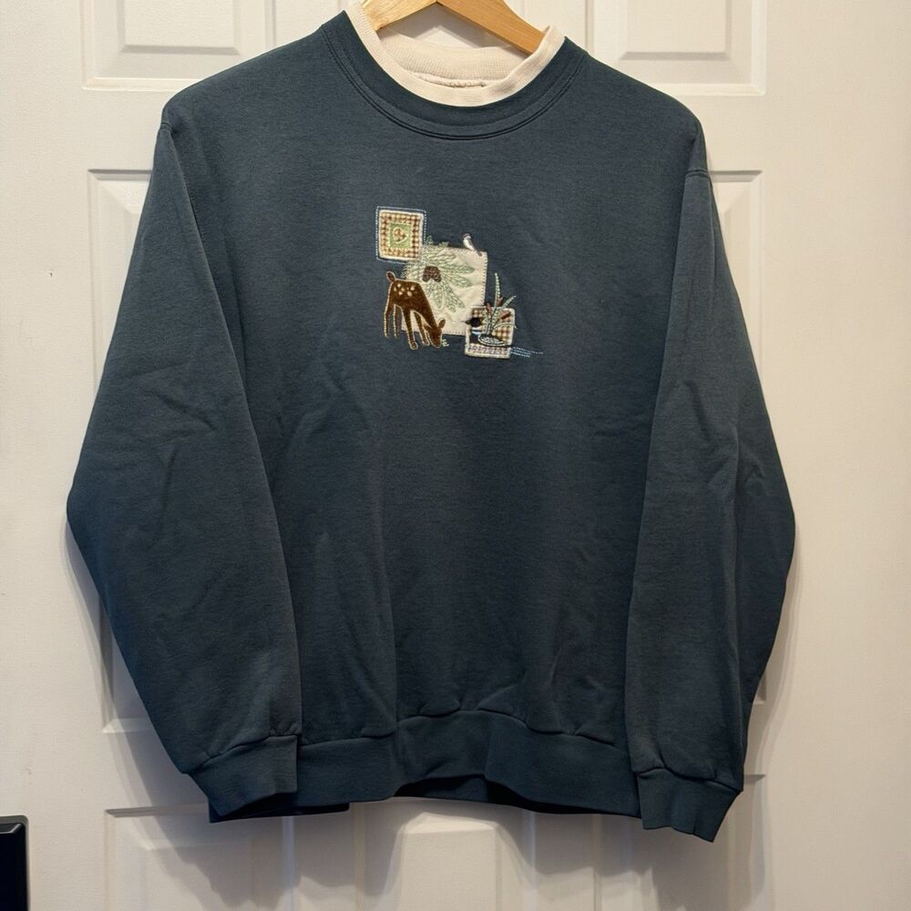 Top Stitch Morning Sun Deer Sweatshirt Womens L Green Vintage 90s Embroidered